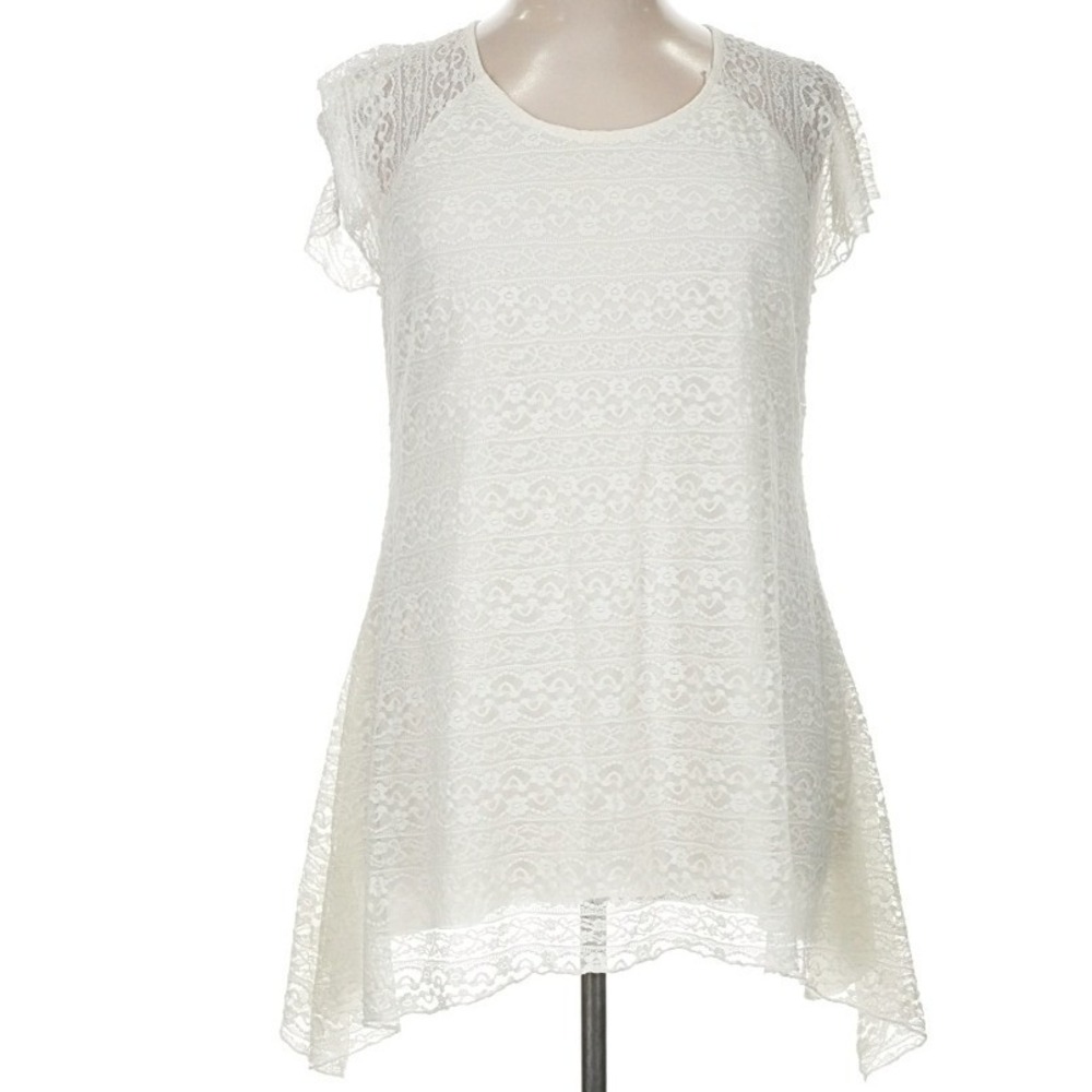 Indigo Soul Lace Tunic Top Womens Medium White Sharkbite Hem Cap Sleeve Floral